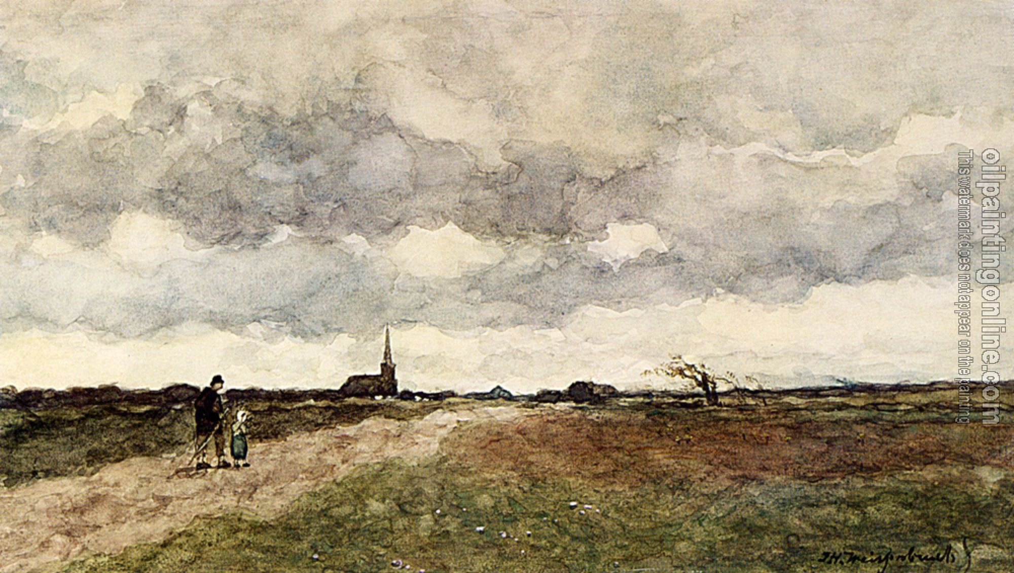 Weissenbruch, Jan Hendrik - Figures On A Country Road A Church In The Distance